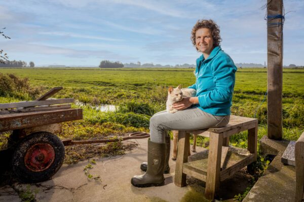 Vrouw zit op krukje bij weiland