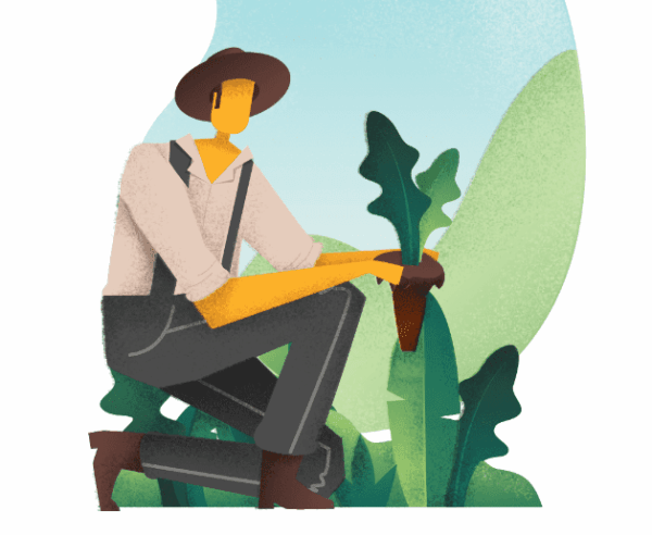 Plaatje van man met hoed die knielt bij een boom