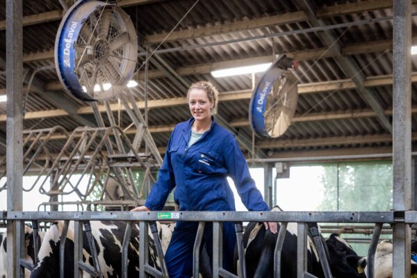Vrouw in overall staat in koeienstal